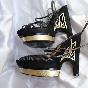Sam Edelman Womens Sz 8 M  TILLIE Blk Gold Stiletto Platform Leather High Heels